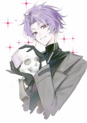 Rule 34 | 1boy, absurdres, black gloves, black sweater, chinese commentary, commentary request, earrings, gloves, grey jacket, highres, holding, holding skull, jacket, jewelry, long sleeves, male focus, open clothes, open jacket, parted bangs, purple eyes, red eyes, saibou shinkyoku, short hair, simple background, skull, smile, solo, sweater, theodore riddle, turtleneck, turtleneck sweater, upper body, white background, xianzhou67435