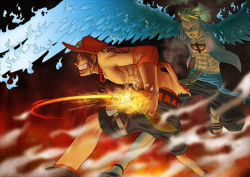 Rule 34 | 2boys, abs, belt, black background, black hair, black shorts, blonde hair, blue fire, bracelet, fiery wings, fighting stance, fire, flying, freckles, grin, hat, jewelry, jolly roger, male focus, marco (one piece), multiple boys, muscular, one piece, open clothes, open shirt, pirate, portgas d. ace, sad face, sandals, sash, shirt, shorts, smile, smoke, tattoo, teeth, topless male, transformation, wings