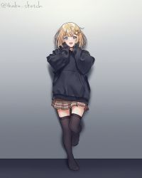Rule 34 | 1girl, :d, against wall, alternate costume, black hoodie, blonde hair, blue eyes, blush, brown skirt, commentary, english commentary, full body, gear hair ornament, gradient background, grey background, hako sketch, hands on own cheeks, hands on own face, highres, hololive, hololive english, hood, hoodie, long sleeves, looking at viewer, magnifying glass, miniskirt, open mouth, plaid, plaid skirt, pleated skirt, shadow, short hair, simple background, skirt, smile, solo, standing, standing on one leg, thighhighs, twitter username, virtual youtuber, watson amelia, zettai ryouiki