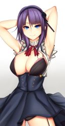 Rule 34 | 10s, 1girl, armpits, arms behind head, arms up, black bra, black panties, blue eyes, blunt bangs, bra, breasts, cleavage, cowboy shot, dagashi kashi, female focus, hair ornament, hairband, highres, large breasts, light smile, long hair, looking at viewer, open clothes, panties, purple hair, shidare hotaru, simple background, smile, solo, standing, thighs, tony guisado, underwear, white background, wind, wind lift