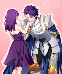 Rule 34 | 1boy, 1girl, arm behind back, armor, armored boots, bare arms, bare shoulders, blue cape, blush, boots, breastplate, breasts, cape, closed mouth, cowboy shot, dress, fate/grand order, fate/stay night, fate (series), faulds, flying sweatdrops, full armor, gauntlets, hair ribbon, holding hands, hetero, highres, kiss, kissing hand, lancelot (fate/grand order), leaning forward, long hair, matou sakura, medium breasts, one eye closed, pauldrons, pink background, pink ribbon, profile, purple dress, purple eyes, purple hair, ribbon, shoulder armor, smile, standing, thigh boots, thighhighs, translation request, ycco (estrella)