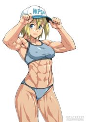 Rule 34 | 1girl, abs, arms up, blonde hair, blue eyes, ebr-kii, hat, looking at viewer, muscular, muscular female, russian text, short hair, smile, solo, sports bra, third-party edit, underwear