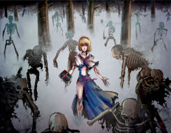 Rule 34 | 1girl, aimai no 3cm, alice margatroid, artist request, blonde hair, blood, bone, book, bow, capelet, cuts, dress, empty eyes, female focus, fog, grin, hairband, highres, injury, lips, nature, open mouth, outdoors, red eyes, ribbon, short hair, skeleton, skull, smile, solo, torn clothes, touhou, tree, undead, zombie
