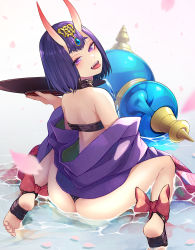 Rule 34 | 1girl, absurdres, ass, bare shoulders, bob cut, bow, breasts, commentary request, fangs, fate/grand order, fate (series), from behind, gem, highres, holding, horns, japanese clothes, kimono, kobaji, looking at viewer, off shoulder, oni, open mouth, purple eyes, purple hair, purple kimono, red bow, short eyebrows, short hair, shuten douji (fate), sitting, skin-covered horns, small breasts, smile, soles, solo, tongue, tongue out, wading