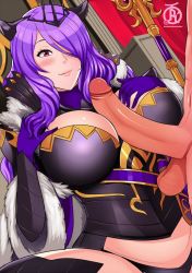 Rule 34 | 1boy, 1girl, breasts, camilla (fire emblem), fire emblem, fire emblem if, hair over one eye, hands on own chest, hetero, large breasts, large penis, large testicles, nintendo, paizuri, penis, purple hair, queen, revolverwing, smile, spread legs, tagme, testicles, uncensored