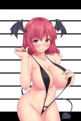 Rule 34 | 1girl, adjusting clothes, adjusting swimsuit, ao banana, bare shoulders, bikini pull, blush, breasts, clothes pull, female focus, head wings, highres, huge breasts, jpeg artifacts, koakuma, navel, partially visible vulva, red eyes, red hair, slingshot swimsuit, smile, solo, swimsuit, tail, touhou, wings