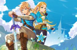Rule 34 | 1boy, 1girl, ass, bashikou, blonde hair, blue eyes, breasts, closed mouth, earrings, gloves, green eyes, hair ornament, highres, jewelry, link, long hair, looking at viewer, nintendo, pointy ears, princess zelda, smile, sword, the legend of zelda, the legend of zelda: breath of the wild, weapon