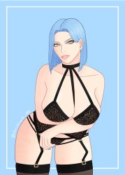 Rule 34 | 1girl, absurdres, arete (fire emblem), bare shoulders, black legwear, black panties, blue hair, bob cut, bra, breasts, cleavage, female focus, fire emblem, fire emblem fates, fire emblem heroes, garter belt, garter straps, highres, lace, lace-trimmed bra, lace-trimmed panties, lace bra, lace panties, lace trim, large breasts, leaning forward, lingerie, lipstick, makeup, mature female, mature female, nintendo, nipples, nude, panties, see-through, short hair, solo, uncensored, underwear, yellow eyes