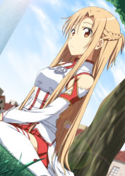 Rule 34 | 10s, 1girl, armor, asuna (sao), bare shoulders, breastplate, brown eyes, brown hair, bug, grass, insect, ladybug, long hair, looking at viewer, nori tamago, red eyes, sitting, solo, sword art online, thighhighs, tree, white thighhighs