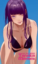 Rule 34 | 1girl, 2022, :q, absurdres, bikini, blue background, blunt bangs, breasts, character name, cleavage, collarbone, hgre47, highres, idolmaster, idolmaster shiny colors, leaning forward, looking at viewer, medium breasts, parted lips, purple bikini, purple eyes, purple hair, simple background, smile, solo, straight hair, swimsuit, tanaka mamimi, thigh gap, tongue, tongue out
