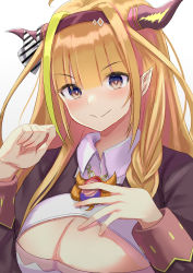 Rule 34 | &gt;:), 1girl, black jacket, blonde hair, blush, braid, breasts, brown eyes, brown hair, brown hairband, cleavage, cleavage cutout, closed mouth, clothing cutout, collared shirt, commentary request, dragon horns, gradient background, grey background, hair between eyes, hairband, hands up, highres, hololive, horns, jacket, kiryu coco, kiryu coco (1st costume), long hair, long sleeves, looking at viewer, medium breasts, multicolored hair, natsuki (natukituki), pointy ears, shirt, single braid, smile, solo, streaked hair, upper body, v-shaped eyebrows, virtual youtuber, white background, white shirt