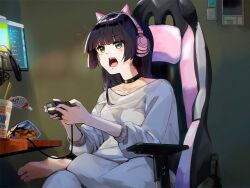 Rule 34 | 1girl, animal ear headphones, animal ears, barefoot, black hair, bocchi the rock!, cat ear headphones, chair, chin piercing, chips (food), choker, chopsticks, collarbone, commentary request, controller, crossed legs, fake animal ears, food, funi mu9, game controller, gaming chair, green eyes, headphones, highres, holding, holding controller, holding game controller, indoors, instant ramen, long hair, looking to the side, microphone, monitor, nissin cup noodle, open mouth, pa-san, pale skin, pants, pink headphones, pop filter, potato chips, shirt, sitting, solo, swivel chair, table, teeth, upper teeth only, white pants, white shirt, wooden table