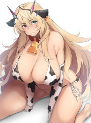 Rule 34 | 1girl, animal ears, animal print, bare shoulders, bell, bikini, blonde hair, breasts, cleavage, collar, cow ears, cow print, cowbell, elbow gloves, barghest (fate), fake animal ears, fate/grand order, fate (series), gloves, green eyes, heterochromia, highres, horns, kuronyan, large breasts, long hair, looking at viewer, micro bikini, neck bell, red eyes, sitting, string bikini, swimsuit, thighhighs, thighs, wariza, white bikini, white gloves, white thighhighs