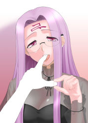 Rule 34 | 1girl, blush, breasts, casual, cleavage, fate/stay night, fate (series), finger in mouth, finger sucking, glasses, long hair, medusa (fate), medusa (rider) (fate), pov, purple eyes, purple hair, revision, saliva, saliva trail, see-through, simple background, siseru samurai, solo focus, square pupils, teeth, tongue