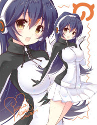 Rule 34 | 10s, 1girl, 2017, :d, arm at side, black hair, blush, breasts, brown eyes, collar, dated, drawstring, eyelashes, from side, gentoo penguin (kemono friends), hair between eyes, headphones, impossible clothes, impossible jacket, jacket, japari symbol, kawai maria, kemono friends, large breasts, logo, long hair, long sleeves, looking at viewer, multicolored hair, open hand, open mouth, orange hair, pleated skirt, signature, skirt, smile, solo, tareme, turtleneck, white skirt, zipper, zoom layer
