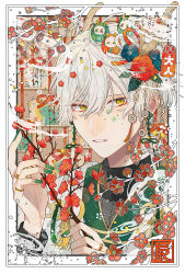 Rule 34 | 1boy, bishounen, branch, chinese zodiac, commentary request, dragon boy, dragon horns, flower, green nails, hair between eyes, hair flower, hair ornament, highres, holding, holding branch, horns, jewelry, long sleeves, looking at viewer, original, red flower, ring, shira mame93, short hair, white hair, year of the dragon, yellow eyes