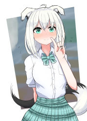 Rule 34 | 1girl, animal ears, aogami high school uniform, blue bow, blue bowtie, blue eyes, blue skirt, bow, bowtie, breasts, collared shirt, fox ears, fox girl, fox shadow puppet, fox tail, highres, hololive, hololive error, looking at viewer, medium breasts, plaid, plaid skirt, pleated skirt, school uniform, shirakami fubuki, shirt, shirt tucked in, skirt, solo, tail, tkc (user snjd8547), virtual youtuber