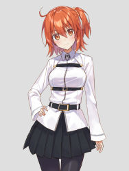 Rule 34 | 1girl, ahoge, belt, black pantyhose, black skirt, blush, breasts, chaldea uniform, closed mouth, collared shirt, contrapposto, cowboy shot, fate/grand order, fate (series), fujimaru ritsuka (female), grey background, hair ornament, hair scrunchie, hand on own hip, jacket, long sleeves, looking at viewer, medium breasts, one side up, orange eyes, orange hair, orange scrunchie, pantyhose, pleated skirt, rimo, scrunchie, shirt, simple background, skirt, smile, solo, standing, thigh gap, white jacket, wing collar