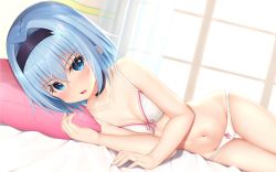 Rule 34 | 1girl, bed, blue eyes, blue hair, blush, bow, bow bra, bow panties, bra, breasts, choker, cleavage, collarbone, curtains, hair ornament, hairband, highres, looking at viewer, lying, mottsun (i 40y), navel, no pupils, open mouth, panties, pillow, pink bow, ryuuou no oshigoto!, short hair, small breasts, snowflake hair ornament, solo, sora ginko, stomach, thigh gap, thighs, underwear, white bra, white panties, window