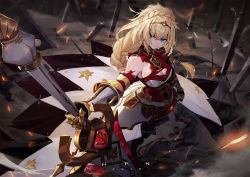 Rule 34 | 1girl, armor, blonde hair, blue eyes, braid, breasts, circlet, cleavage, commentary request, crossed bangs, from above, gauntlets, han-0v0, highres, hip armor, holding, holding sword, holding weapon, long hair, looking to the side, medium breasts, solo, standing, sword, torn clothes, twin braids, weapon