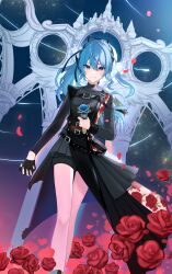 Rule 34 | 2girls, absurdres, back-to-back, bare legs, belt, black gloves, black shirt, black shorts, black skirt, blue hair, blue nails, closed mouth, dual persona, floating hair, floral print, flower, gloves, gradient eyes, high ponytail, highres, holding, holding hands, holding microphone, hololive, hoshimachi suisei, hoshimachi suisei (shout in crisis), long hair, long sleeves, looking at viewer, microphone, multicolored eyes, multiple girls, official alternate costume, petals, red flower, red rose, rose, rose petals, rose print, shirt, short shorts, shorts, single glove, skirt, smile, soda dokka ikou, solo focus, star (symbol), star in eye, symbol in eye, thighs, virtual youtuber