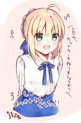 Rule 34 | 1girl, absurdres, ahoge, aizawa85, arms behind back, artoria pendragon (all), artoria pendragon (fate), blonde hair, blue bow, blue bowtie, blue skirt, blush, border, bow, bowtie, breasts, collared shirt, fate/stay night, fate (series), green eyes, hair between eyes, hair bow, hair bun, highres, long sleeves, looking to the side, medium breasts, musical note, open mouth, pink background, saber (fate), shirt, short hair, sidelocks, simple background, skirt, smile, solo, standing, translation request, white border, white shirt