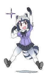 Rule 34 | 10s, 1girl, animal ears, bow, bowtie, breast pocket, clenched hand, common raccoon (kemono friends), gloves, hand up, highres, jumping, kemono friends, multicolored hair, open mouth, pantyhose, pleated skirt, pocket, puffy short sleeves, puffy sleeves, raccoon ears, raccoon tail, short hair, short sleeves, skirt, solo, star (symbol), tail, white background, zk (zk gundan)