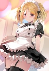 Rule 34 | 1girl, absurdres, apron, black bow, black thighhighs, blonde hair, blush, bow, chloe (princess connect!), dress, elf, hair ornament, hairclip, highres, holding, holding plate, maid, maid apron, maid headdress, plate, pointy ears, princess connect!, puffy short sleeves, puffy sleeves, purple eyes, short hair, short sleeves, solo, take (trude1945oneetyan), thighhighs, twintails, wrist cuffs