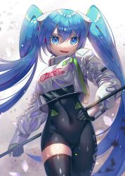 Rule 34 | 1girl, :d, black bodysuit, black gloves, black thighhighs, blue eyes, blue hair, bodysuit, clothes writing, covered navel, cowboy shot, crop top, gloves, gradient background, grey background, hair between eyes, hand on own hip, hatsune miku, highres, holding, holding staff, kozou kazaru, light particles, long hair, long sleeves, looking at viewer, open mouth, racing miku, racing miku (2022), see-through, single thighhigh, skin tight, skindentation, smile, solo, staff, thighhighs, twintails, v-shaped eyebrows, very long hair, vocaloid