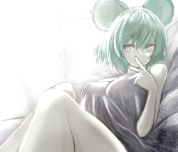 Rule 34 | 1girl, absurdres, aged up, alternate hair color, animal ears, bed, bed sheet, breasts, covered erect nipples, female focus, finger to mouth, green hair, hair between eyes, highres, large breasts, legs together, light particles, looking to the side, morning, mouse ears, naked sheet, nazrin, red eyes, short hair, smile, solo, sunlight, touhou, watchi, window