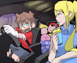 Rule 34 | 1girl, 3boys, aqua eyes, bad id, bad pixiv id, bare arms, blonde hair, brown hair, car, car interior, closed eyes, crossover, cup, drinking straw, driving, drooling, facial hair, gloves, hat, highres, holding, holding cup, kirby, kirby (series), long hair, looking at another, lucas (mother 3), mario, mario (series), metroid, mother (game), motor vehicle, multiple boys, mustache, ness (mother 2), nintendo, no headwear, ponytail, samus aran, shirt, short hair, short sleeves, shorts, sitting, sketch, sleeping, sleeveless, smile, steering wheel, super mario bros. 1, super smash bros., uroad7, vehicle, wing collar