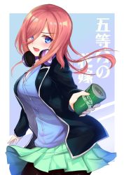Rule 34 | 1girl, bad id, bad pixiv id, black jacket, blue cardigan, blue eyes, breasts, brown hair, can, cardigan, collared shirt, dress shirt, drink can, go-toubun no hanayome, green skirt, hair over one eye, headphones, headphones around neck, highres, holding, holding can, jacket, kyuu (chiu850513), large breasts, long hair, looking at viewer, nakano miku, open clothes, open jacket, open mouth, pantyhose, pleated skirt, shirt, skirt, soda, soda can, translation request, white shirt