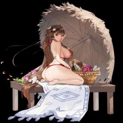 Rule 34 | 1girl, ass, bad id, bad twitter id, bare legs, barefoot, basket, black background, blue eyes, bottle, breasts, brown hair, butt crack, carpet, commentary request, daphne (last origin), food, fruit, full body, game cg, hair ornament, jpeg artifacts, large breasts, last origin, long hair, official art, on table, one-piece swimsuit, red one-piece swimsuit, rorobomb, seashell, shell, shiny skin, sideboob, simple background, sitting, solo, swimsuit, table, tachi-e, umbrella, wine bottle