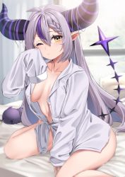 Rule 34 | 1girl, arm support, bottomless, breasts, collarbone, commentary, crow (la+ darknesss), demon girl, demon horns, demon tail, grey hair, hair between eyes, highres, hololive, horns, la+ darknesss, medium breasts, moisture (chichi), multicolored hair, on bed, one eye closed, oversized clothes, partially unbuttoned, pointy ears, purple hair, shirt, sitting, sleeves past fingers, sleeves past wrists, solo, streaked hair, tail, tearing up, thighs, virtual youtuber, wariza, white shirt, yellow eyes