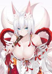 Rule 34 | 1girl, animal ear fluff, animal ears, bare shoulders, blue eyes, breasts, character request, cleavage, collarbone, facial mark, folding fan, fox ears, fox girl, fox tail, grimlight, hand fan, highres, holding, japanese clothes, kimono, kitsune, large breasts, leaning forward, long hair, looking at viewer, multiple tails, no bra, off shoulder, rope, shimenawa, slit pupils, solo, tail, unel, upper body, white hair, white kimono
