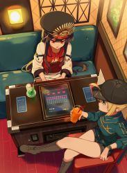 Rule 34 | 2girls, ahoge, artoria pendragon (fate), baseball cap, black hair, blonde hair, blue jacket, booth seating, boots, buster shirt, crest, cup, drinking glass, drinking straw, family crest, fate/grand order, fate (series), from above, green eyes, hat, headphones, headphones around neck, highres, indoors, jacket, jitome, knee boots, kodamari, letterman jacket, long hair, long sleeves, melon soda, multiple girls, mysterious heroine x (fate), oda nobunaga (fate), oda nobunaga (koha-ace), oda nobunaga (swimsuit berserker) (fate), oda nobunaga (swimsuit berserker) (first ascension) (fate), peaked cap, red eyes, shorts, sitting, slit pupils, space invaders, track jacket, very long hair