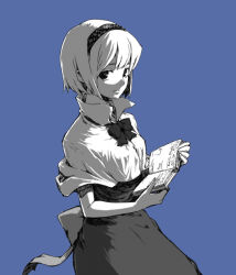 Rule 34 | 1girl, alice margatroid, blue background, book, cowboy shot, female focus, high collar, lefthand, monochrome, short hair, simple background, solo, touhou