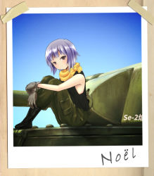 Rule 34 | 1girl, absurdres, bad id, bad pixiv id, black tank top, blue sky, boots, brown eyes, character name, gloves, hands on legs, highres, kannagi noel, military, military uniform, military vehicle, motor vehicle, mysmys, on vehicle, photo (object), scarf, short hair, silver hair, sitting, sky, solo, sora no woto, tank, tank top, tape, uniform, wooden wall