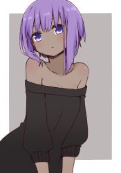 Rule 34 | 1girl, alternate costume, bare shoulders, black sweater, blush, breasts, closed mouth, collarbone, dark-skinned female, dark skin, fate/prototype, fate/prototype: fragments of blue and silver, fate (series), grey background, hair between eyes, hassan of serenity (fate), head tilt, i.u.y, long sleeves, off-shoulder sweater, off shoulder, puffy long sleeves, puffy sleeves, purple eyes, purple hair, sidelocks, small breasts, solo, sweater, two-tone background, white background