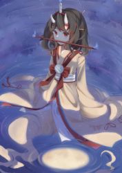 Rule 34 | 1other, androgynous, black hair, candle, fangs, fire, fire, ghost, ghost tail, hairband, highres, horns, japanese clothes, jian xing zao, kimono, lamp, len&#039;en, mouth hold, red eyes, short hair, solo, taira no chouki