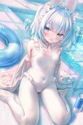 1girl :p animal_ears bad_source bare_shoulders blue_eyes blue_hair blush breasts can casual_one-piece_swimsuit chen_bin choker covered_navel energy_drink fake_animal_ears frilled_one-piece_swimsuit frills hairband highres innertube lolita_hairband looking_at_viewer off_shoulder one-piece_swimsuit original pantyhose pool poolside rabbit_ears ribbon_choker short_hair sitting small_breasts smile solo swim_ring swimsuit tiles tongue tongue_out wariza white_choker white_one-piece_swimsuit white_pantyhose