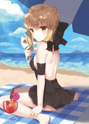 Rule 34 | 1girl, absurdres, artoria pendragon (all), artoria pendragon (alter swimsuit rider) (first ascension) (fate), artoria pendragon (fate), bad id, bad pixiv id, bare back, barefoot, beach, blonde hair, braid, breasts, day, drink, fate/grand order, fate (series), french braid, gothic lolita, hand fan, highres, izumo neru, lolita fashion, looking to the side, mat, medium breasts, paper fan, saber alter, shade, shore, sitting, solo, uchiwa, umbrella, wariza, yellow eyes