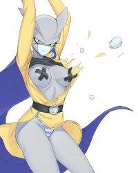 Rule 34 | 1girl, android, arms up, belt, black pasties, black shirt, blue cape, breasts, bursting breasts, cape, clothes lift, colored sclera, commentary, cross pasties, dragon ball, dragon ball super, dragon ball super super hero, eyelashes, flying button, gamma 2, genderswap, genderswap (mtf), genniax, highres, jacket, medium breasts, no pants, panties, pasties, popped button, shirt, shirt lift, signature, smile, solo, striped clothes, striped panties, symbol-only commentary, tape, tape on nipples, underwear, yellow jacket, yellow sclera
