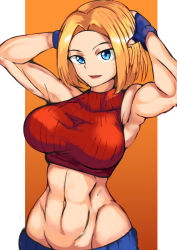 Rule 34 | 1girl, abs, absurdres, armpits, arms behind head, blonde hair, blue eyes, blue mary, breasts, fatal fury, fingerless gloves, gloves, highres, large breasts, looking at viewer, midriff, muscular, muscular female, navel, open mouth, pants, short hair, sidelocks, sleeveless, smile, snk, solo, the king of fighters, toned