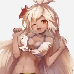 Rule 34 | 1girl, bare shoulders, bikini, breasts, cleavage, collarbone, commentary request, dark-skinned female, dark skin, flower, front-tie bikini top, front-tie top, granblue fantasy, grey background, hair flower, hair ornament, hands up, head tilt, large breasts, light brown hair, long hair, looking at viewer, navel, one eye closed, open mouth, red eyes, red flower, simple background, solo, sue (bg-bros), swimsuit, teeth, upper teeth only, very long hair, white bikini, zooey (granblue fantasy), zooey (summer) (granblue fantasy)