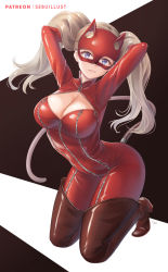 Rule 34 | 1girl, arms behind head, artist name, blonde hair, blue eyes, bodysuit, boots, breasts, brown legwear, cat mask, cat tail, catsuit, cleavage, cleavage cutout, clothing cutout, fake tail, high heels, highres, kneeling, large breasts, long hair, looking at viewer, mask, parted lips, patreon username, persona, persona 5, red bodysuit, red mask, sebu illust, smile, solo, tail, takamaki anne, thigh boots, twintails, two-tone background, zipper