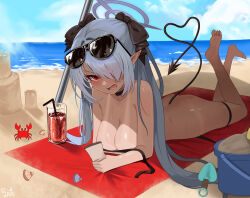 Rule 34 | 1girl, 82jhin, absurdres, ass, barefoot, beach, bikini, black bow, black choker, blue archive, blue sky, bow, breasts, bucket, choker, cloud, cloudy sky, crab, cup, day, drink, eyewear on head, feet, grey hair, hair bow, hair over one eye, halo, highres, horizon, iori (blue archive), iori (swimsuit) (blue archive), legs, long hair, looking at viewer, lying, medium breasts, nude, ocean, official alternate costume, on stomach, open mouth, outdoors, pointy ears, purple halo, red eyes, sand, sand bucket, sand castle, sand sculpture, sky, soles, summer, sunglasses, sweat, swimsuit, tail, teeth, toes, twintails