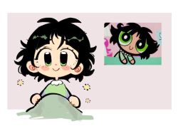 Rule 34 | 1girl, archived source, bad id, bad twitter id, black hair, blush, buttercup (ppg), buttercup redraw challenge (meme), derivative work, green eyes, green pajamas, looking at viewer, meme, messy hair, pajamas, powerpuff girls, reference inset, screenshot inset, screenshot redraw, short hair, smile, solo, under covers, yuuechii