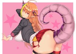 Rule 34 | 1girl, ahoge, anal, anal tail, arched back, ass, aster crowley, bent over, breasts, brown hair, butt plug, cowboy shot, dragon girl, dragon horns, fake tail, fang, female focus, from behind, highres, hololive, horns, kiryu coco, large breasts, large insertion, light brown hair, long hair, looking at viewer, looking back, outside border, panties, pink background, pointy ears, red eyes, skin fang, skindentation, skirt, smile, solo, tail, tsurime, underwear, virtual youtuber