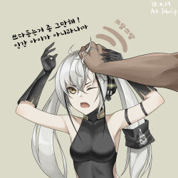 Rule 34 | 1boy, 1girl, absurdres, ark john up, armband, armpits, arms up, artist name, bare shoulders, black armband, black dress, black gloves, black hair, breasts, commentary, dated, destroyer (girls&#039; frontline), dress, english commentary, girls&#039; frontline, gloves, hair between eyes, hair ornament, hand on another&#039;s hand, headpat, highres, korean text, long hair, medium breasts, multicolored hair, one eye closed, open mouth, sangvis ferri, simple background, single hair tube, sleeveless, sleeveless dress, streaked hair, translation request, twintails, upper body, v-shaped eyebrows, very long hair, white hair, yellow background, yellow eyes